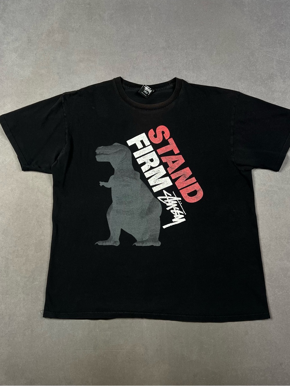 Stussy Black Short-Sleeve Tee with Red 'STAND FIRM' and Gray Dinosaur Graphic